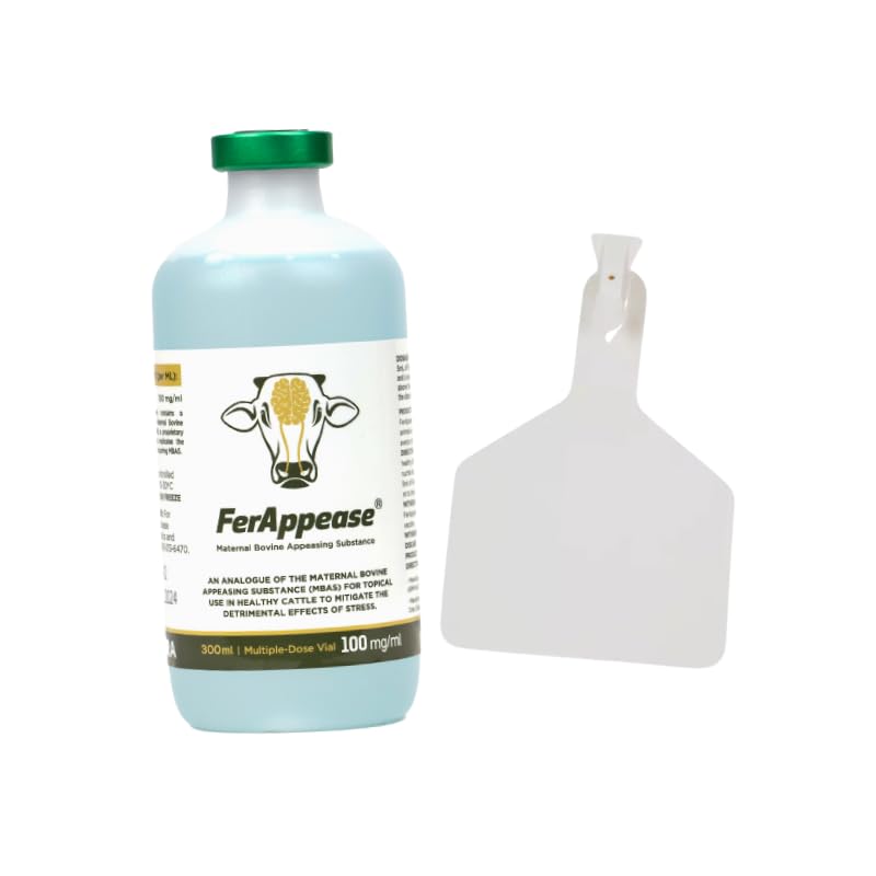 FerAppease Cattle Stress Relief & Livestock Ear Tag Kit – 300ml Topical Calming Solution + 25 Pack White Large Z-Type Ear Tags – Stress Reduction & Durable Livestock ID Combo for Cattle