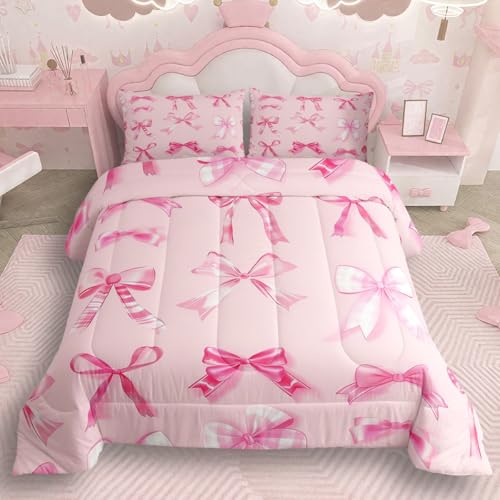 jejeloiu Pink Bow Bedding Set Twin Girls Bow Comforter Set for Kids Teens Girls Cute Bowknot Comforter Breathable Soft Lightweight Microfiber Kawaii Cute Pink Room Decor