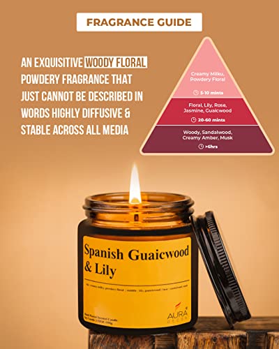 Image of AuraDecor Spanish Guaiacwood & Lily Scented Jar Candle | 100gm Handpoured Soy Wax Candle with Long Burn Time | Premium Amber Jar Aromatherapy Candle | Best Gift for Home & Decor