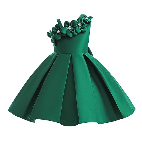 Girls Party Dresses Off-Shoulder Floral Satin Ball Gown for Piano Recital Performance Princess Dress with Ruffled Hem