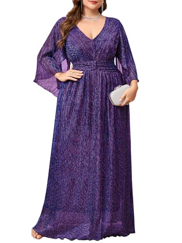 Plus Size Formal Dress Maxi Sparkly V Neck A-line Handkerchief Sleeve Evening Gown Wedding Guest Cocktail Gala