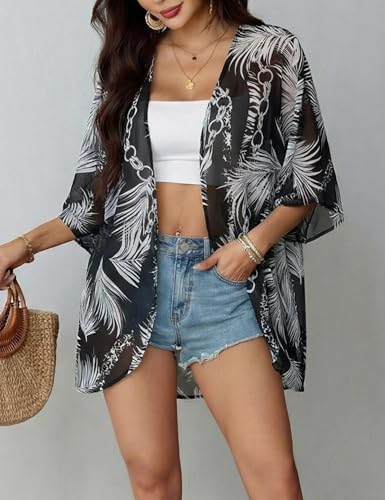 Image of Chunoy Women Floral Beach Wear Cover Up Chiffon Kimono Cardigan Open Front Blouse Top