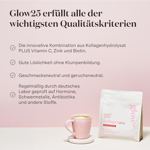 Glow25® Collagen Plus Pulver [450g] - Kollagen Hydrolysat mit Vitamin C, Zink und Biotin - Peptide Typ 1 und 3 - Gute Löslichkeit - Neutral 3