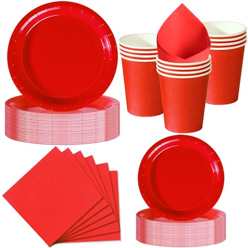 Nkaiso Platos y Vasos Desechables, 50 Piezas Rojo Intenso Vajilla de Fiesta, 10x 23cm & 10 x 18cm Platos de Carton, 10 Vasos, 20 Servilletas - Para Navidad, San Valentín -10 Invitados