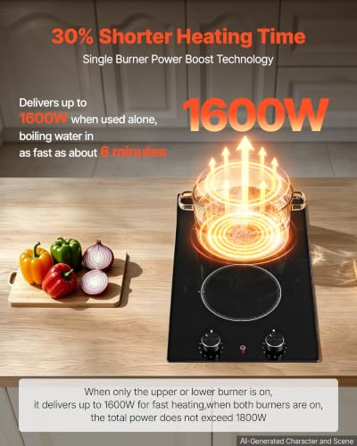 Image of VEVOR Electric Cooktop 12in 2 Burners Portable Stove Top 1800W 120V Plug In, Ceramic Countertop /Built-in Radiant Electric Stove, with 11 Power Levels, Over-Heat Guard, Knob Control