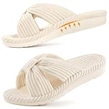 Litfun Orthopedic Arch Support Slippers for Women Comfortable Open Toe Indoor House Slippers Corduroy Cross Bow Bedroom Shoes for Plantar Fasciitis, Beige 39