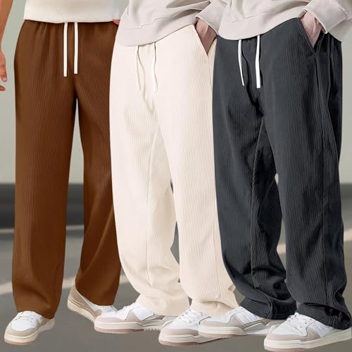 Image of Preneum Men Mid Rise Poly Cotton Loose Fit Trouser|Korean Style Travel & Lounge Wear with Pockets (Available in Plus Size)