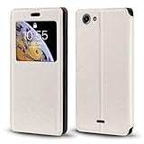 Shantime Sichtfenster-Lederhülle Kompatibel mit Wiko Pulp Fab 4G, Elegantes Design mit Klarsichtanzeige, Unsichtbarem Magnetverschluss & Kartenfach(Weiß)