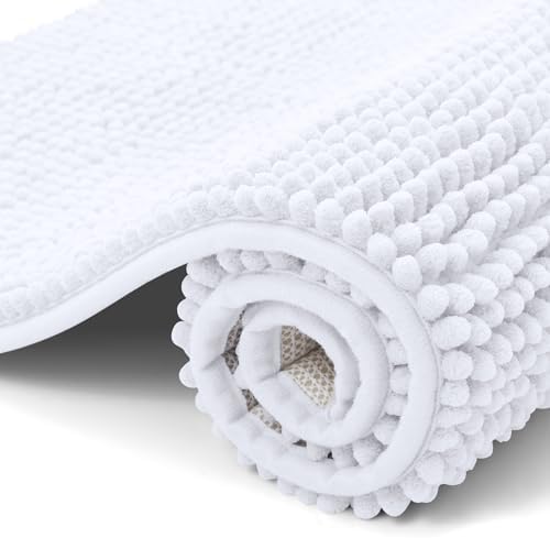 Kitinjoy Non Slip Chenille Bath Mat, Extra Soft Bathroom Mat, Super Absorbent Fluffy Bath Mats for Bathroom, Machine-Washable Quick Dry Bath Rug Foot Mat, 16"x24", White
