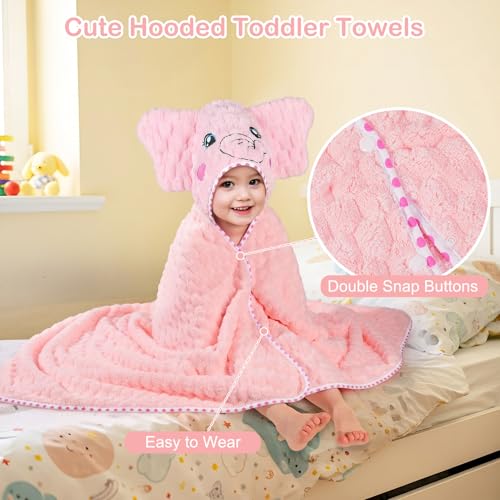 Image of FIOBEE Toddler Bath Towel with Hood Baby Towels, 55x28 inch Large Soft Absorbent Kids Hooded Towels for 1-5 Years Old Baby Girls Boys Bath Beach Essentials Blanket, Pink Elephant