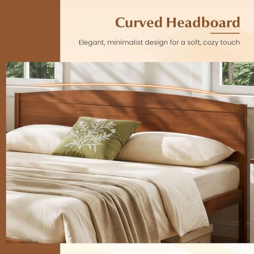Image of GIANTEX King Size Wooden Bed Frame with Curved Headboard, Wood Slat Support
