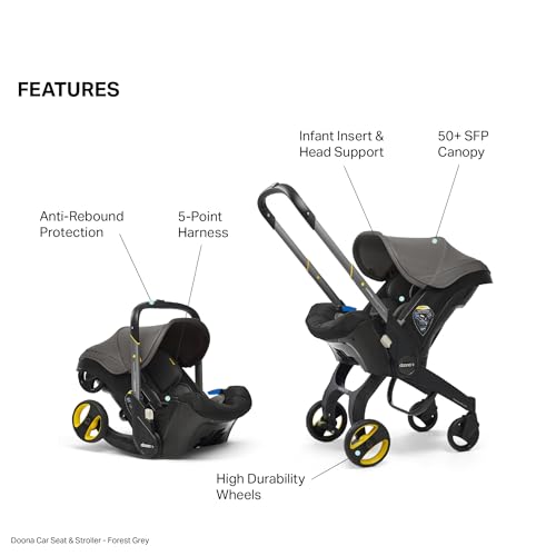 Image of Doona Baby Car Seat & Travel Stroller Forest Grey -Convertible Infant Car Seat, Carry Cot and Pram with 5 Point Safety Harness - Ergonomic Pushchair and Travel System - Latch Base Sold Separately*