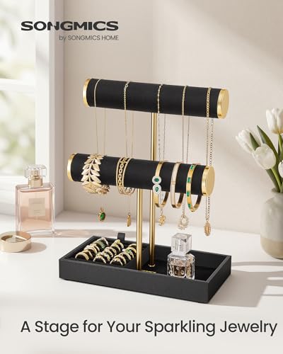 Image of SONGMICS Bracelet Holder Stand, Jewelry Display Stand, Jewelry Organizer, with 2 Tiers and Velvet Tray, Removable Ring Holder, Ink Black and Pale Gold UJJS039B101
