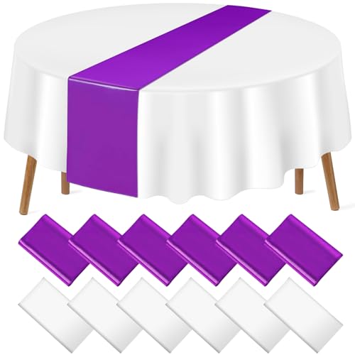 Image of 12Pack 12x108 Inch Satin Table Runner and 84 Inch Round Plastic Tablecloths Set White Purple Disposable Round Table Cover for Graduation Wedding Bridal Shower Anniversary Birthday Party Decorations