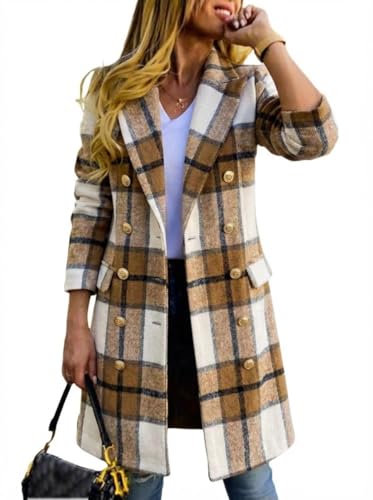Image of IDEALSANXUN Long Wool Coats for Women Tweed Blazer Plaid Jacket 2025 Fall Winter Double Breasted Trench Coat Peacoats (Plaid Khaki, L)