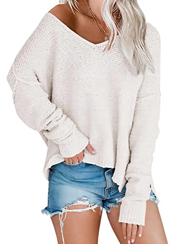 Image of Women's Off Shoulder Knit Sweaters Oversized V Neck Long Sleeve Loose Lightweight Pullover Tops