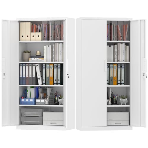 Image of Metal File Cabinet, Office Organizer with Doors and Shelves, 72.05 inch H White Storage Cabinet for Home Office, School, Heavy Duty Locker for File Supplies