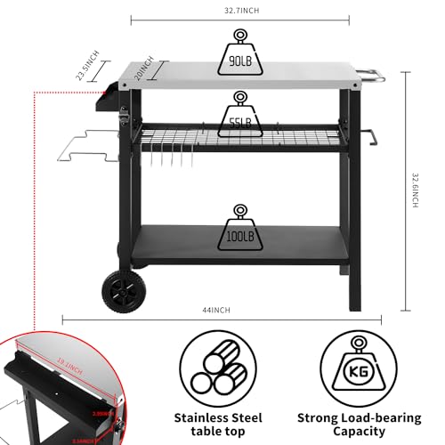 Kendane Grill Cart Table with Three Shelf, Movable Outdoor Dining Cart Pizza Oven Stand with Three Hooks, Kitchen Cart Island Multifunction Food Prep Table (Sliver)