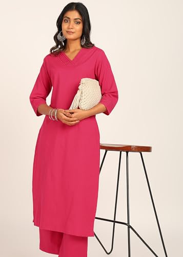 Image of BLOCKS OF INDIA Women's Solid Straight Kurta Set | Hand-Stitched Neck Details with Pintucks | Comfortable Pants with Pockets, Elastic Waist & Drawstring Fit