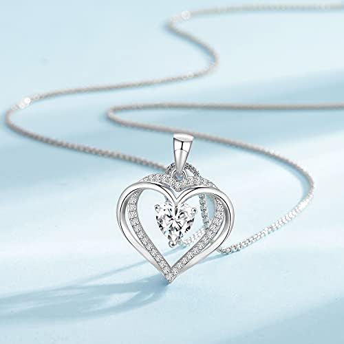 Praelinos Love Heart Necklace for Women White Gold Plated Birthstone Pendant Silver Tone 5A Cubic Zirconia Valentines Mother's Day Birthday Jewellery Gift for Mum Girlfriend Wife Her