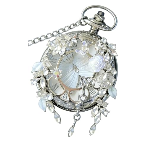 FARIDRUN Vintage Crystal Floral Pocket Watch, Silver Engraved Hollow Mechanical
