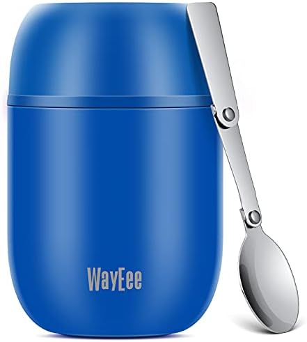 WayEee Food Flask, Food Flask for Hot Food Stainless Steel Food Jar with Folding Spoon-450ml (Blue)