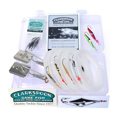 CLARKSPOON - Ready to Fish Trolling Kit - Fishing Equipment for Coastal Waters- Great for Spanish Mackerel, Bluefish, Bonito, Tuna, & More - Trolling Kit with Lures, Trolling Sinkers & Planers Cover