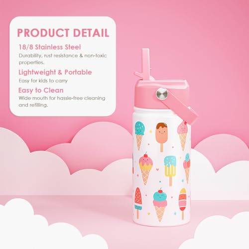 Image of SANDJEST Ice Cream Kids Water Bottle With Straw Lid 12oz Insulated Stainless Steel, Travel Tumbler, Gifts For Girls, Birthday, Christmas, Back To School