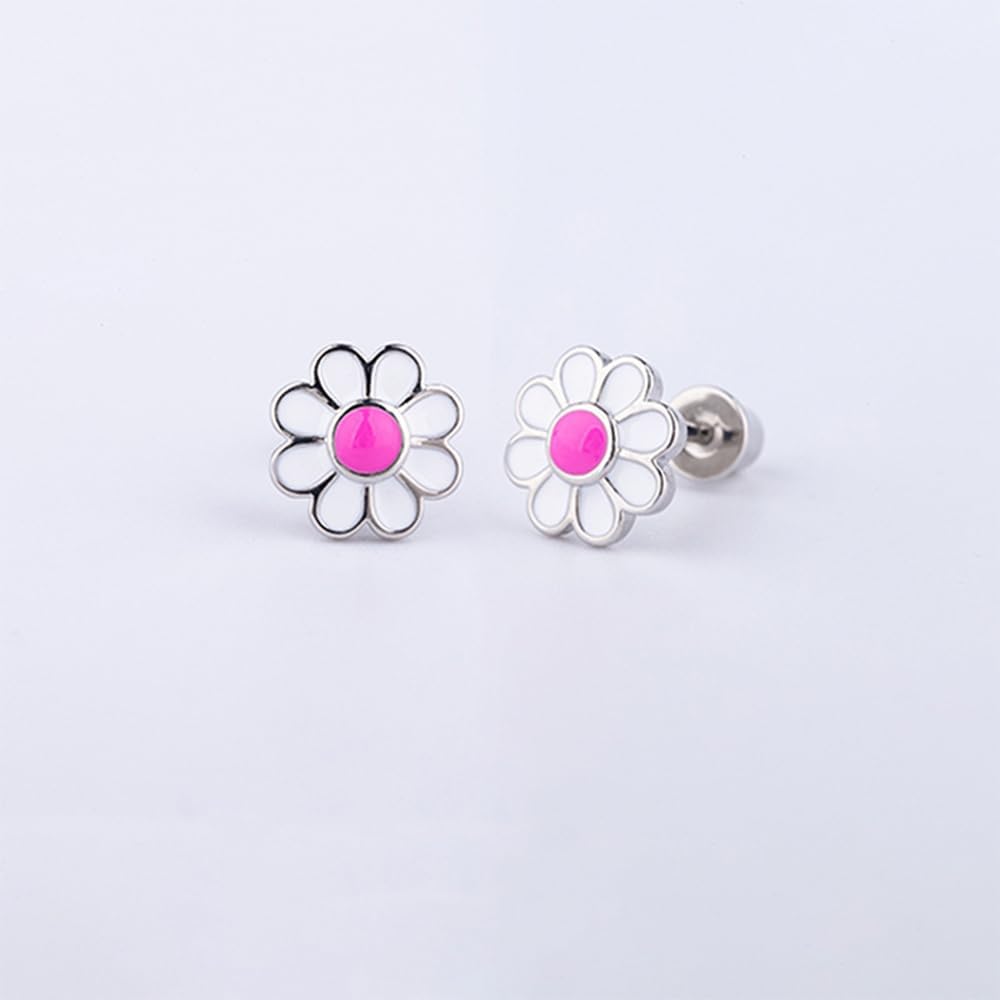 20G Daisy Flower Screw Flat Back Small Stud Earrings for Women Stainless Steel Pink White Enamel Lucky Flower Cartilage Piercing Studs Jewelry Gift - Image 2