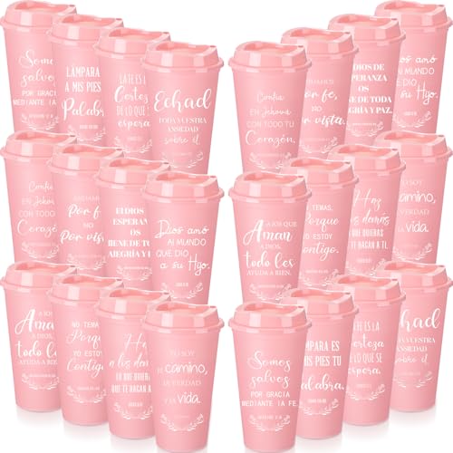 Zhehao Spanish Bible Verse Tumblers Bulk, 16 oz Reusable Christian Cups with Lids, Plastic Coffee Cups for Church Events, Bible Study, Sunday School, Teacher Appreciation(Pink,48)