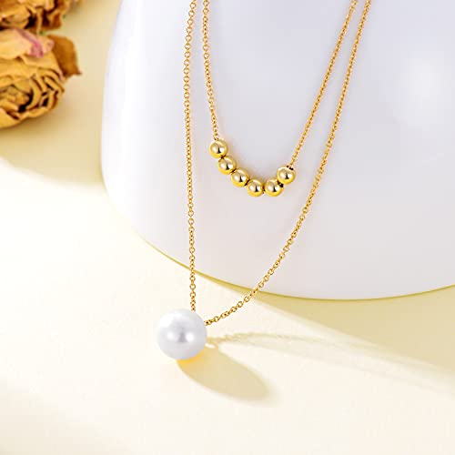 14K Solid Gold Freshwater Pearl Layered Necklace For Women, Gold Bead Balls Cable Chain Choker Pendant Jewelry Anniversary Birthday Gift For Her, Wife, Mom 18 Inch #TOP2