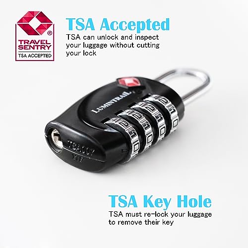 Lumintrail TSA Approved Locks, 4 Digit Combination Luggage Locks TSA Approved, Travel Locks for Luggage & Suitcase with 4-FT Steel Cable, Black, 1 Pack2
