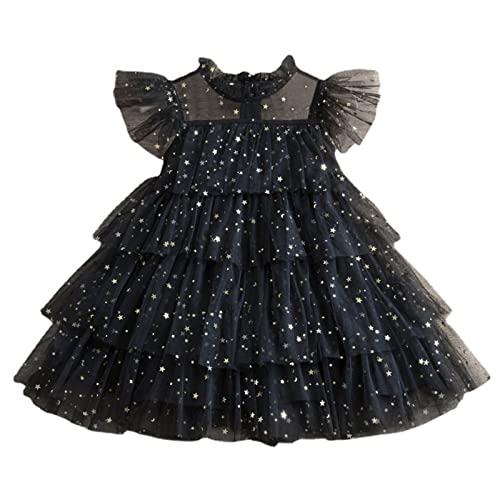 Star Sequin Black Tulle Dress Kids Girls Toddler Princess Dress Flutter Sleeve Party Pageant Dress Prom Gown