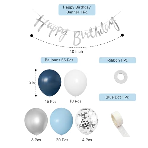 Image of Party Propz Birthday Decoration Kit for Boys - 58 Pcs Blue Birthday Balloon Decoration Set, Happy Birthday Decoration Kit for Husband, Blue, White, Silver Balloons (Foil, Latex,Cardstock)