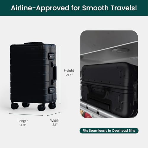 Nobl Travel Carry On Luggage, Noble Zipperless Aluminum Suitcase,21.7x14.8x8.1 Airline Approved, Aluminum Metal Hardside Shell & Frame, 360° Spinner Wheels, TSA Locks, Interior Compression –Black3