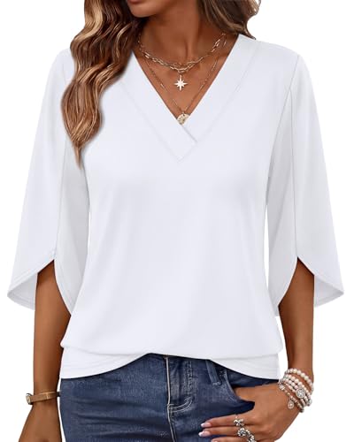 WIHOLL Womens Tops Summer Outfits 2026 V Neck Shirts Womens Blouses Dressy Casual Bell Sleeve Beach Vacation Clothes Fashion Clothing White XXL