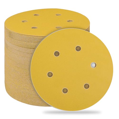STEBRUAM 50pcs 150mm sanding discs,Sanding Discs Pads for Random Orbital Sander pads and All Oscillating Tools,Yellow sanding discs Hook and Loop 220 Grit 6 Hole 6 Inch Round