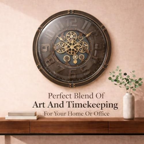Image of ARMONIA Vintage Mechanical Moving Gear Wall Clock 60 cm | Large Acrylic Industrial Steampunk Analog Clock | Real Moving Gears, Dual Tone Vintage Design | Modern Home & Office Decor