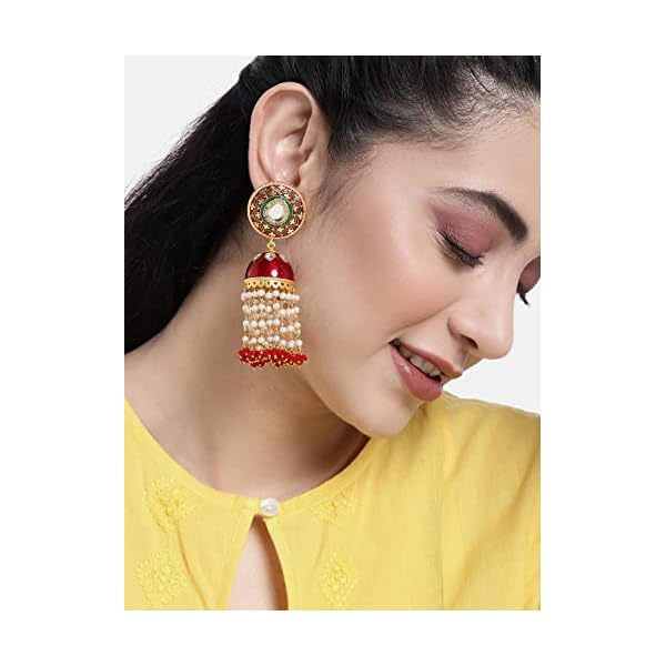 Peora Enamel Kundan Long Pearl Jhumka Earrings for Women - Image 3