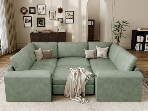 Image of EASE MOOSE Leather Sectional Couch Sleeper, Modular Sofa Bed, Green