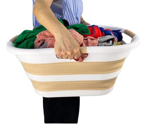 Image of SAMMART 40L (10.5 gallon) Set of 2 Collapsible Plastic Laundry Hamper - Foldable Pop Up Storage Container /Organizer - Portable Washing Tub - Space Saving Basket (2, White /Beige)