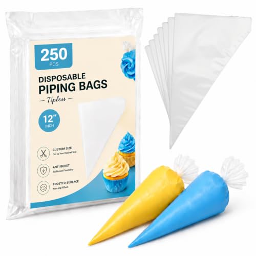 250 Pcs Disposable Piping Bags 12 Inch, Tipless Icing Piping Bags Non-Slip Anti Burst Disposable Pastry Bags for Cream Frosting, Cakes, Chocolate, Cupcakes and Cookies Decoration Supplies