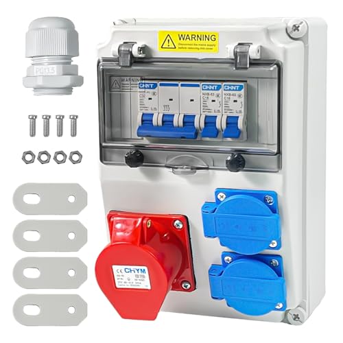 Baustromverteiler 16a verteiler, Wandverteiler Stromverteiler 32A/16A IP44 Wasserdicht mit FI-Schutzschalter, CEE & Schuko Steckdosen für Baustelle, Garten, Industrie