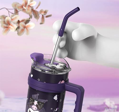 Image of Kuromi Stainless Steel Insulated Tumbler with Lid, Straw & Handle 1200ml - XL Size, Purple