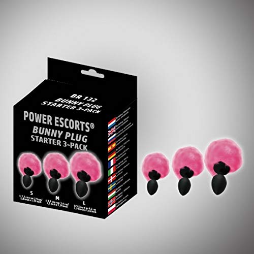 Power Escorts - BR132 - Bunny Plug Starter 3-Pack - Bunny Tail - S, M & L - Black/Pink Tail