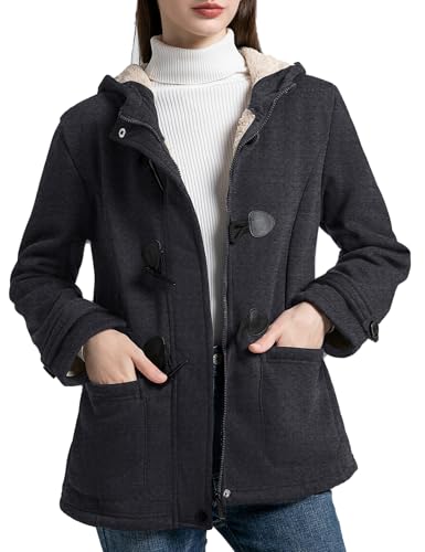 Image of Flygo Sherpa Lined Winter Jackets for Women Fleece Hoodie Jacket Warm Fall Winter Toggle Duffle Coats(DarkGrey-L)