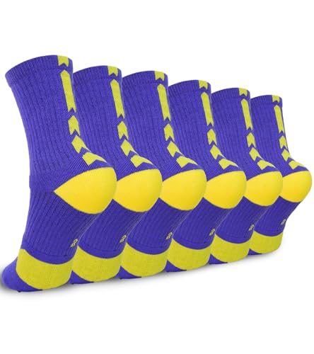 Youth Thick Basketball Socks for Boys - Cushioned Sports Compression Sock for Active Kids, Fits Ages 6-12 (Purple & Yellow)
