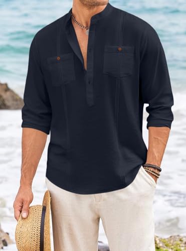 Image of Macsivo Cotton Blend Solid Casual Short Kurta for Men Long Sleeve Mandarin Collar Stylish Shirt Kurta for Men