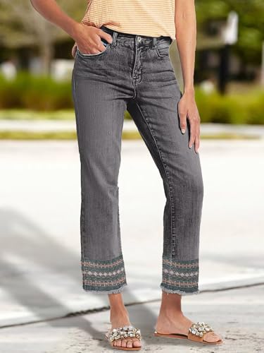 Flamingals Straight Leg Jeans for Women Low Rise Cropped Jeans Wash Embroidery Raw Hem Denim Pants Gray S3