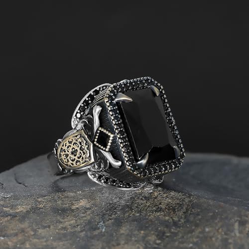 Men's Sterling Silver Ring with Black Onyx Gemstone – Square-Cut Statement Ring with Vintage Side Details4